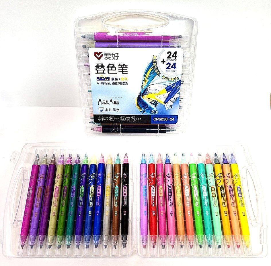 Фломастери двосторонні 24 кол в прозорому боксі з властивостю перекривати базовий колір CP6230-24 AIHAO