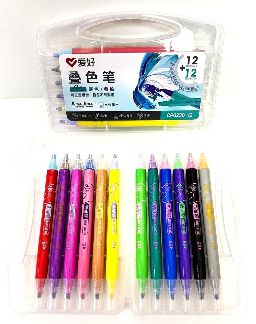 Фломастери двосторонні 12 кол в прозорому боксі з властивостю перекривати базовий колір CP6230-12 AIHAO