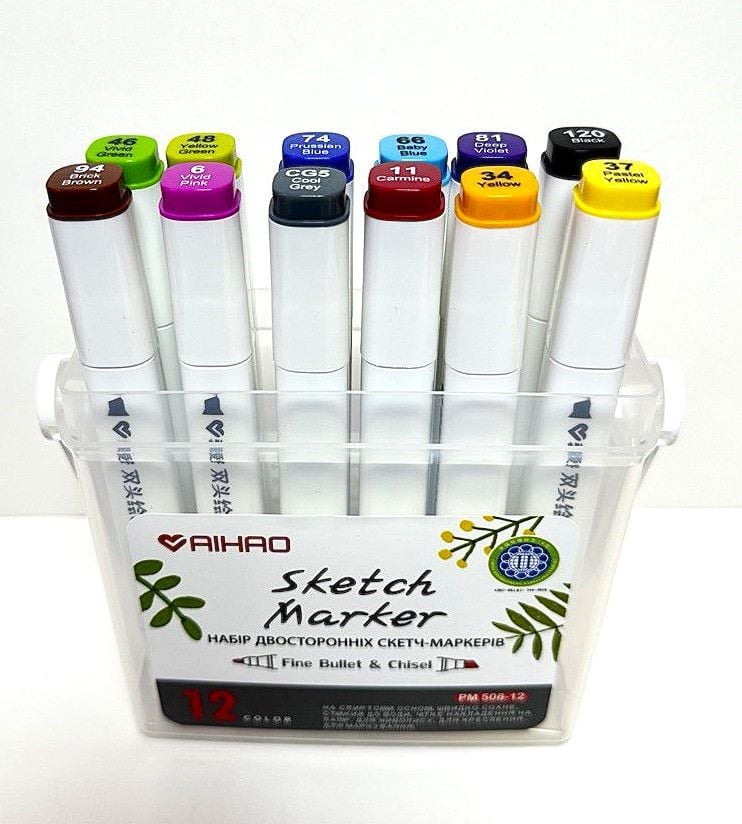 Маркер скетч двосторонній товстий, художній набір 12 кол PM 508-12 AIHAO