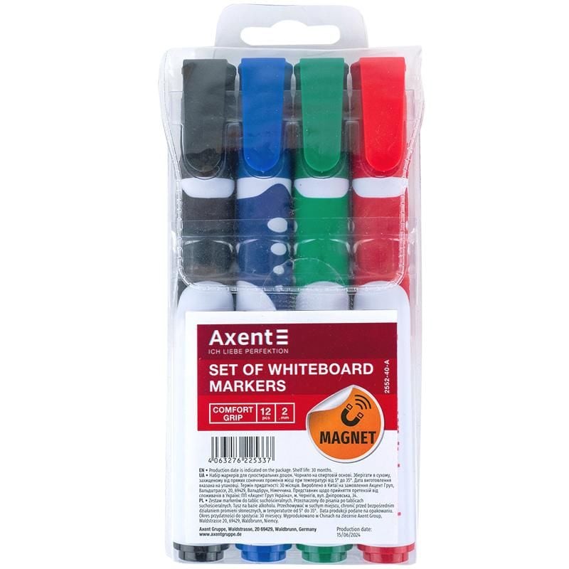 Маркер для дошок набір 4 кольори +магніт для кріплення 2552-40 Axent
