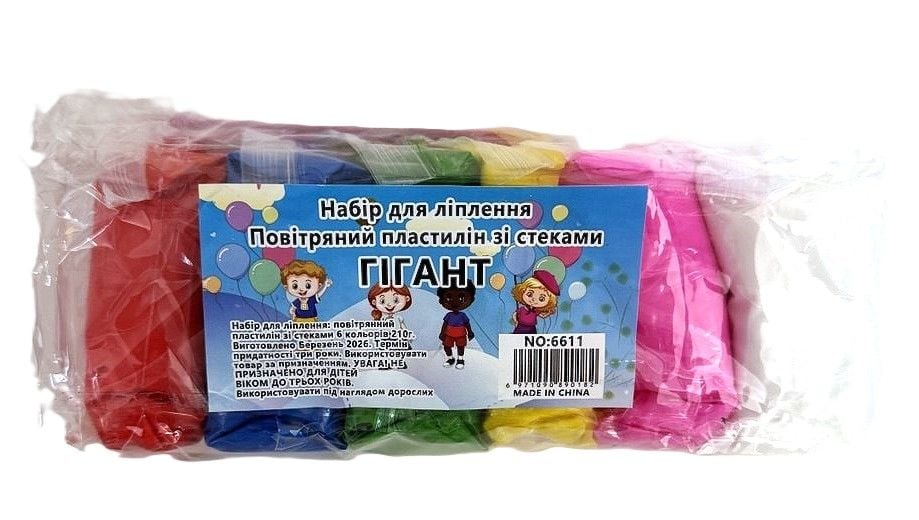 Пластилін повітряний 6 кол Гигант 210 г 6611 Імпорт