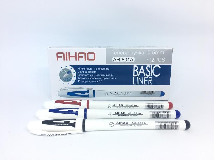 Ручка гелева синя, чорна. червона, білий корпус (12 шт/уп) AH-801A AIHAO