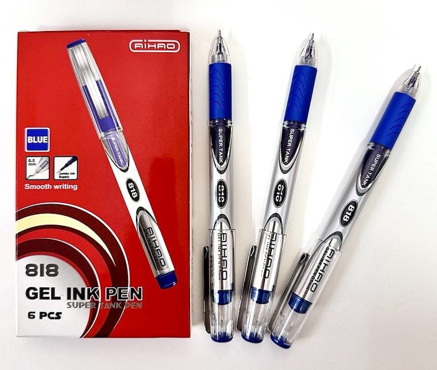 Ручка гелева гелева 0,5 мм товстий стрижень син, чорн (6 шт/уп) AH-818 AIHAO