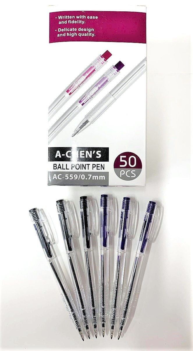 Ручка кулькова кулькова 0,7 мм автомат прозорий корпус чорна, фіолетова (50 шт/уп) AC-559 AIHAO