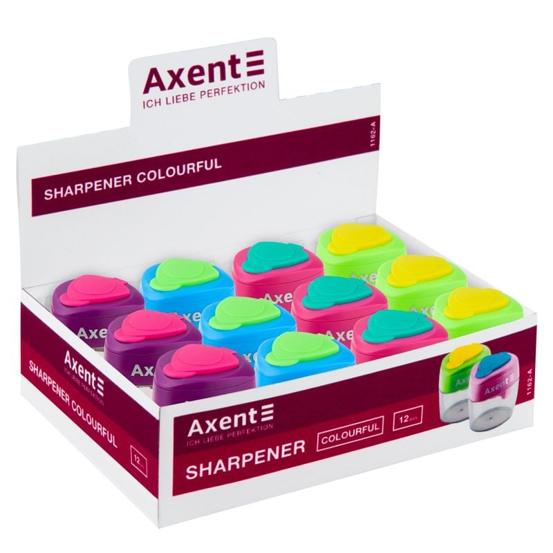 Чинка з контейнером Сolourful асорті кольорів (12 шт/уп) 1162-A Axent