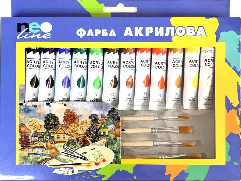 Фарби акрилові в тюбиках 12 кол 12 мл з палітрою плюс 4 пензлика 1812-PAC NeoLine